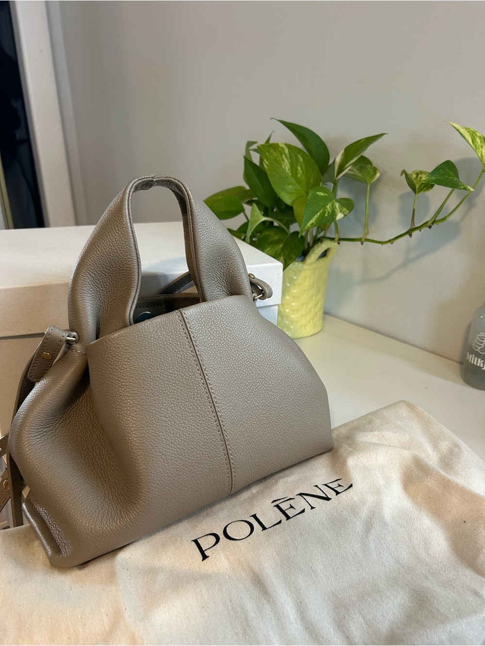Polene Numero Neuf Mini Beige-Taupe grain Leather Crossbody Bag
